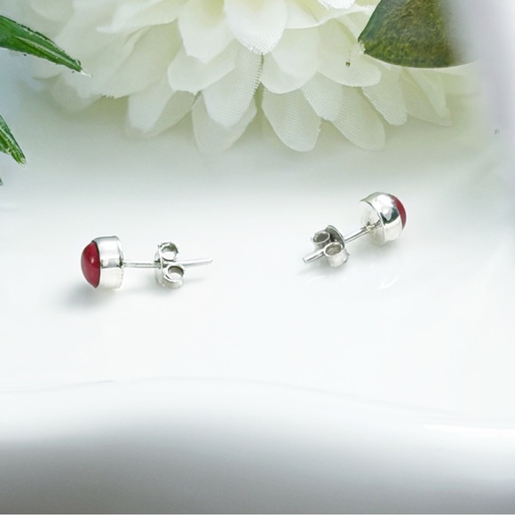 Red Coral Earrings Solid Sterling Silver 925 Gemstone Stud Post Push Back Round - Picture 4 of 5